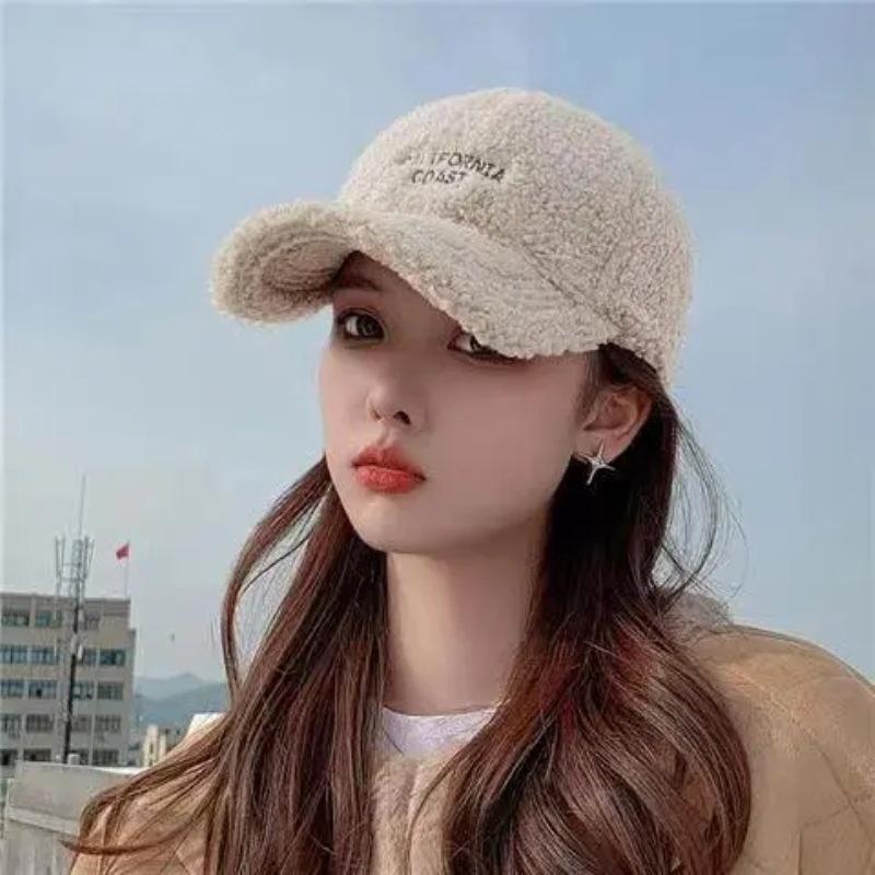 Winter Lamb Fleece Women Baseball Cap Solid Color Letter Embroidery Warm Sun Hat Outdoor Warm Ladies Girls Duck Tongue Caps