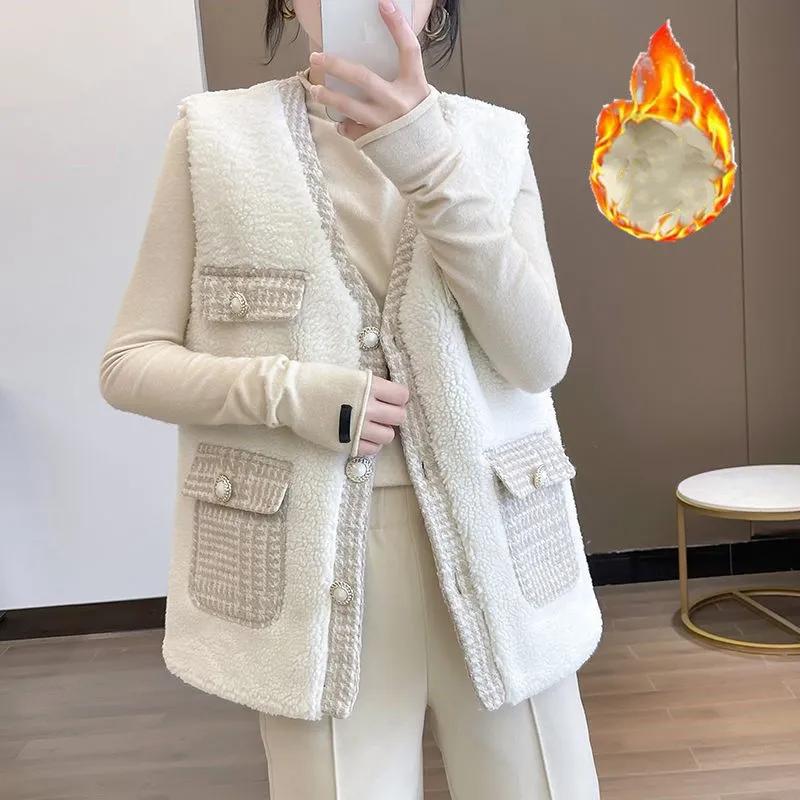 

Женский осенне-зимний твидовый жилет в стиле пэчворк на подкладке из овчины с элегантным V-образным вырезом на пуговицах для тепла XS бежевый