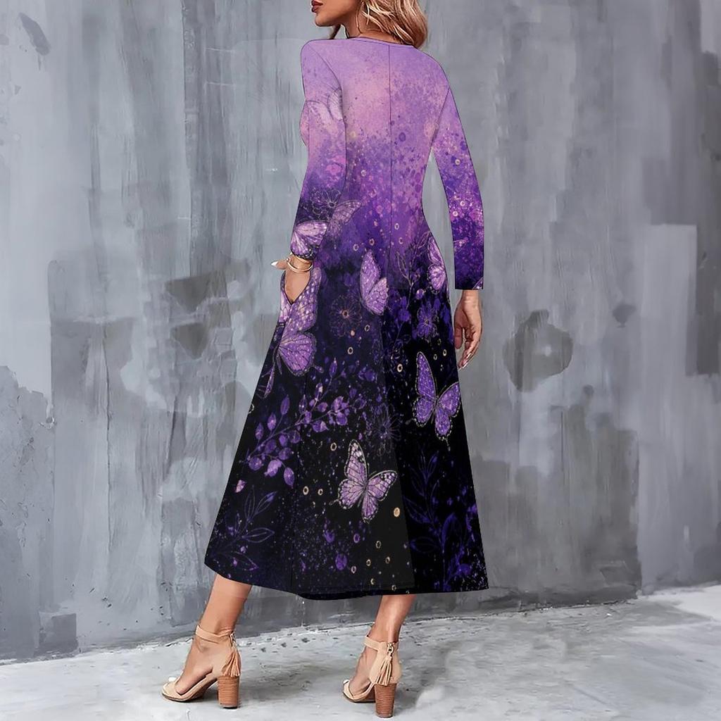 Women Plus Size V Neck Long Sleeve Purple Butterfly Print A Line Midi Dress With Pockets