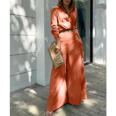 Women's Casual Solid Color Short Long Sleeve Shirt High Waist Wide Leg Pants Two-Piece Set