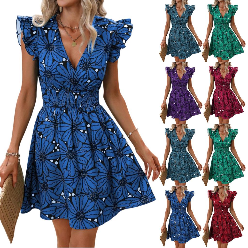 Women's Dresses V-Neck Waist Sexy Large Floral Ruffle Sleeveless Dresses