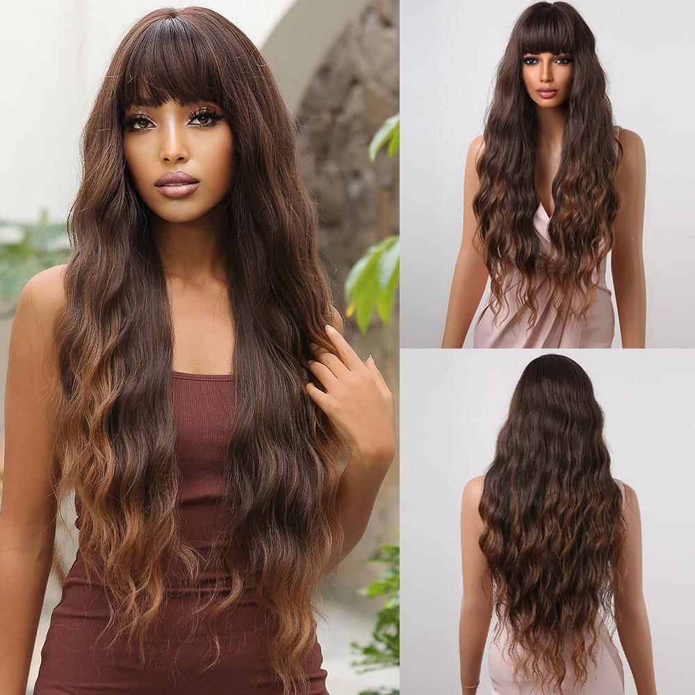 Long Curly Wigs Brown Loose Wavy Synthetic Wig With Bangs Chocolate Brown for Women Afro Wig Daily Party Use Heat Resistant Wigs