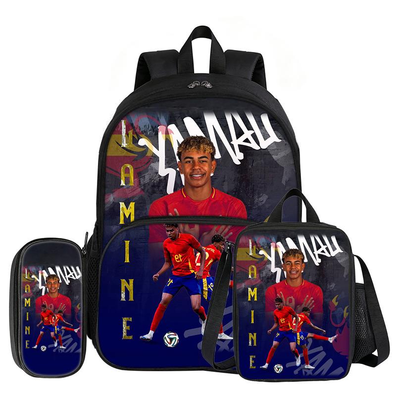 Set de 3 piezas L-Lamin Yamal con Mochila con Bolsillo Frontal Material Escolar Estrella de Fútbol Bolso Escolar, con Bolsa para el Almuerzo, Estuche, Mochila