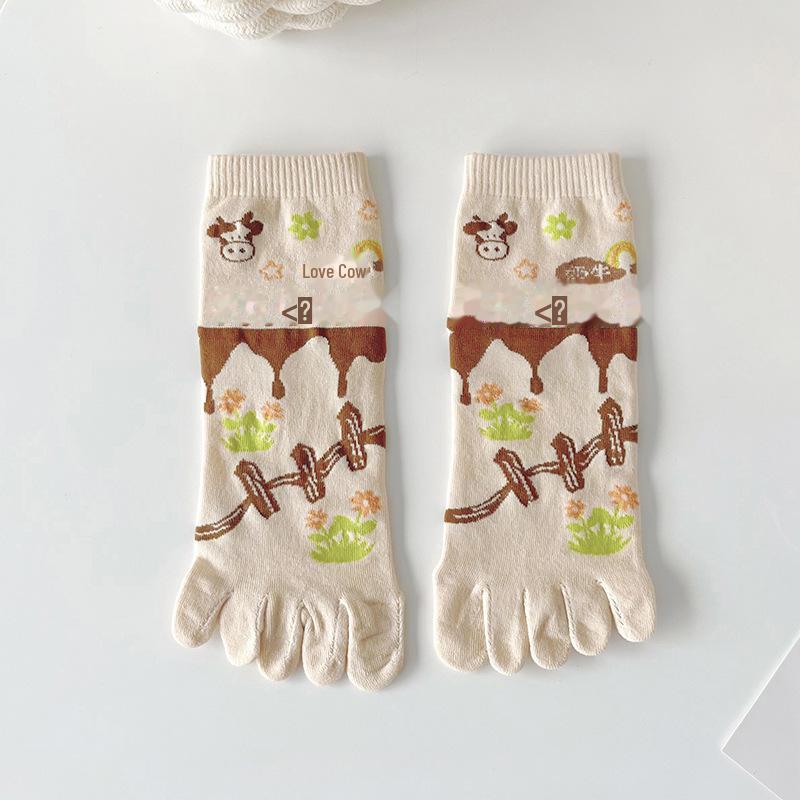 Women's Cute Cartoon Five-Toe Cotton Socks - Breathable, Sweat-Absorbent, Anti-Fungal, Ideal for Spring/Summer, Mid-Tube Length