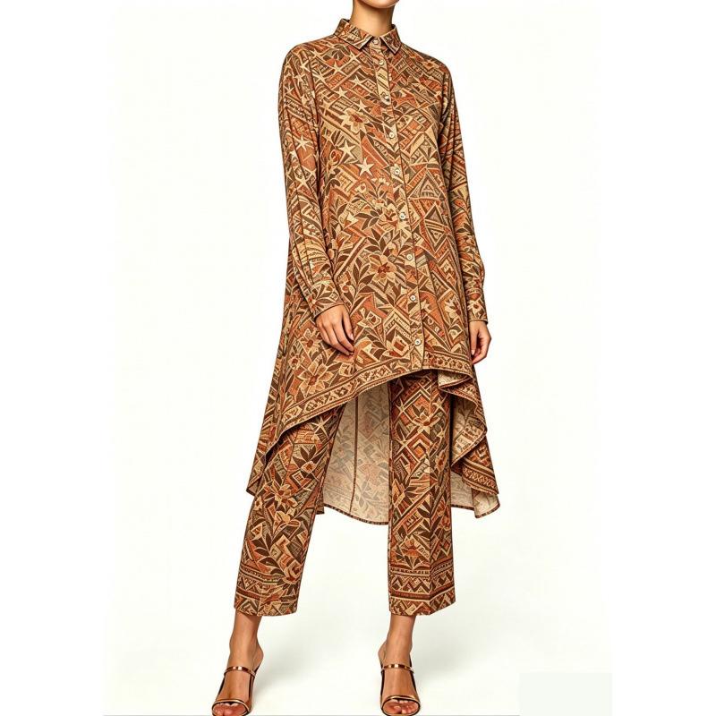 Summer new sunset seascape floral print irregular lapel long-sleeved shirt nine-point pants women's casual suit