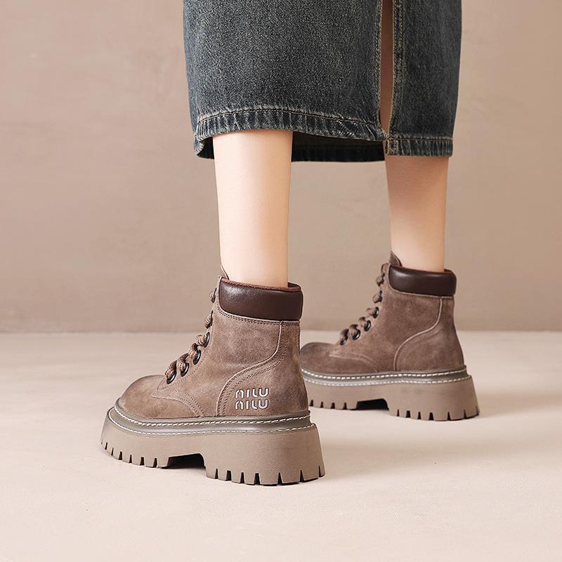 First layer pigskin Martin boots women's 2025 thick-soled heightening outdoor rhubarb boots versatile retro British style tooling short boots