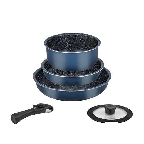 

[Online Exclusive] Pearl Metal 5-Piece Frying Pan and Pot Set, Induction Compatible, Marble Coat, Removable Handles, Metal Spatula Compatible, Oven Sa