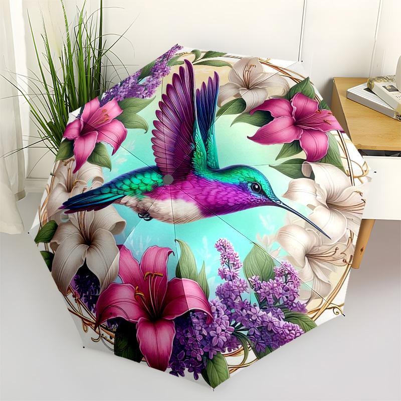 

1pc Hummingbird Floral Wreath Artwork Umbrella with Plastic Handle,Vibrant Cartoon Pattern,Multi-functional UmbrellaPT130