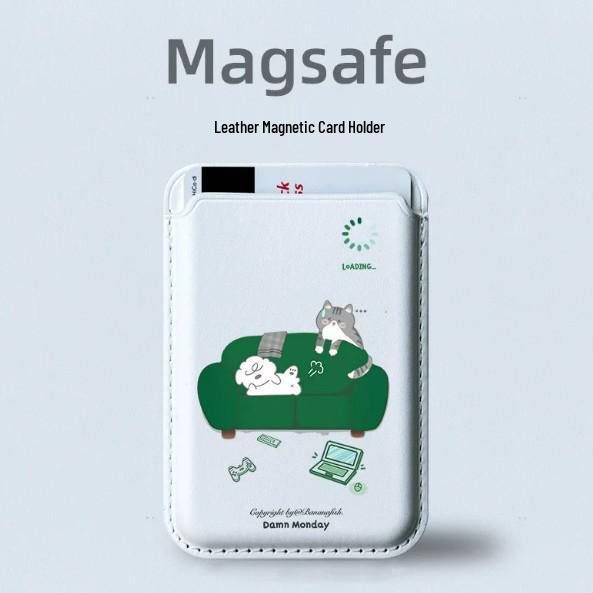 MagSafe Leather Card Holder with Cat Design for Apple Phone Cases
