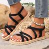 Summer New Imitation Grass Woven Travel Women's Flat Heel Sandals, Wearing Linen Soled Sandals Outside, Women's Beach Slope Heel Slippers