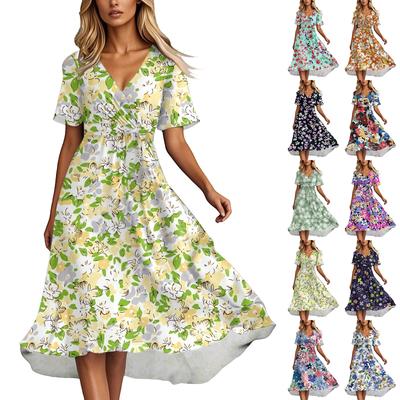 Robe évasée à col en V et manches courtes pour femme, tenue d'été à fleurs