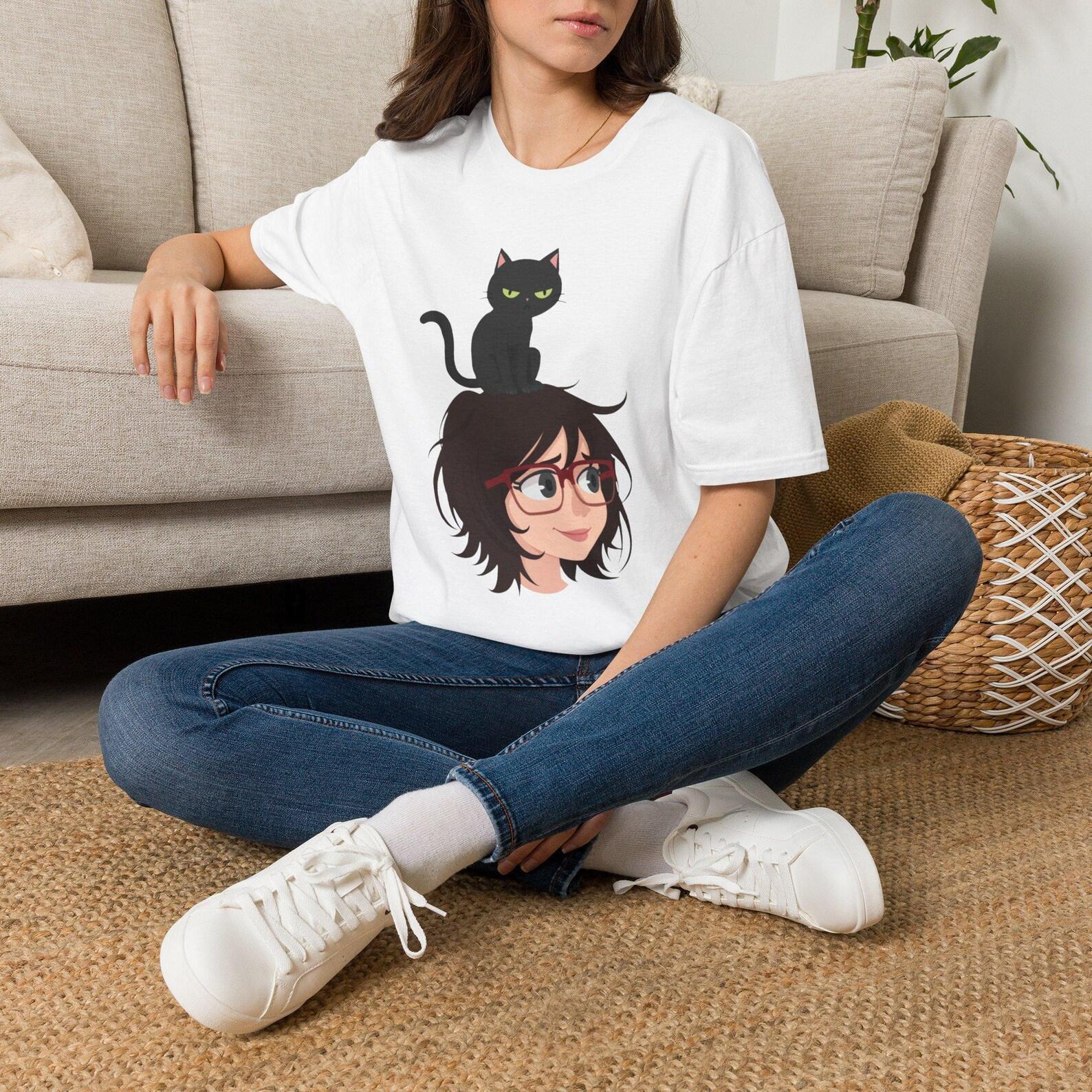 Crazy Cat Lady Shirt, Cat on Head Tshirt, Funny Cat Mom Tee, Black Cat Shirt, Sarcastic Cat Lover Gift S