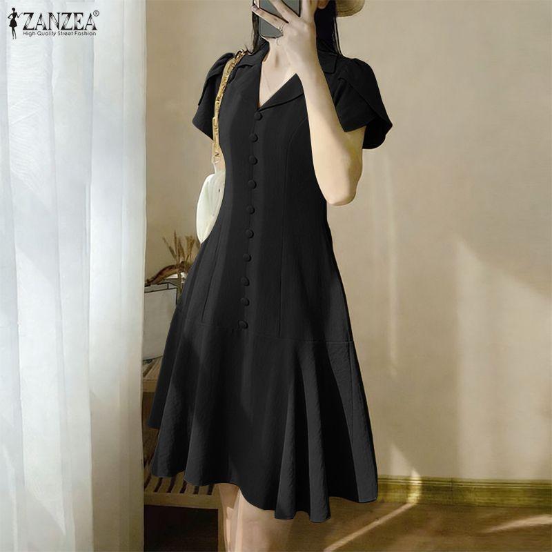 ZANZEA Women Casual Turn Down Collar Short Sleeve Casual Dress