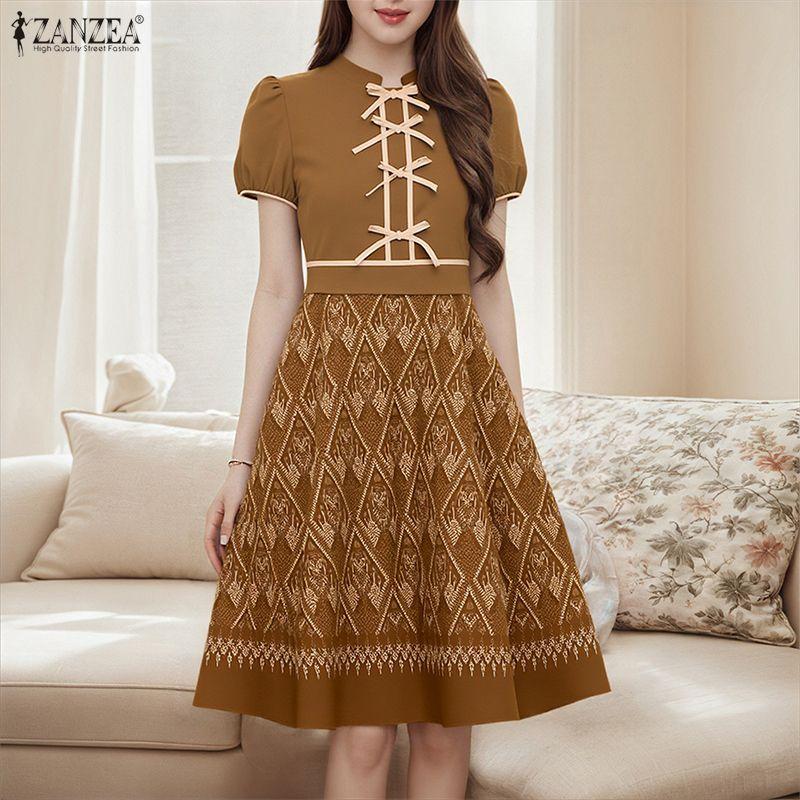 ZANZEA Women Print Casual Summer Stand Collar Short Sleeve Dress