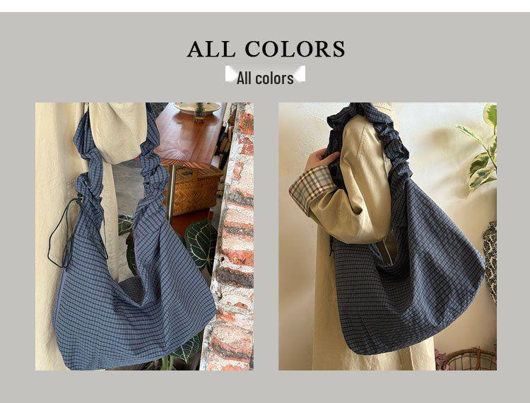 2025 Korean Retro Plaid Canvas Drawstring Tote - Large Commuter Shoulder/Crossbody Bag