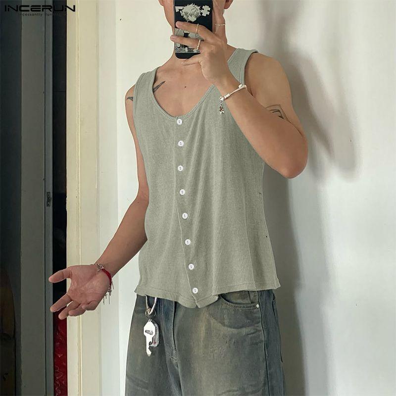 INCERUN Summer Men V Neck Sleeveless Ribbed Casual Loose Tank Tops
