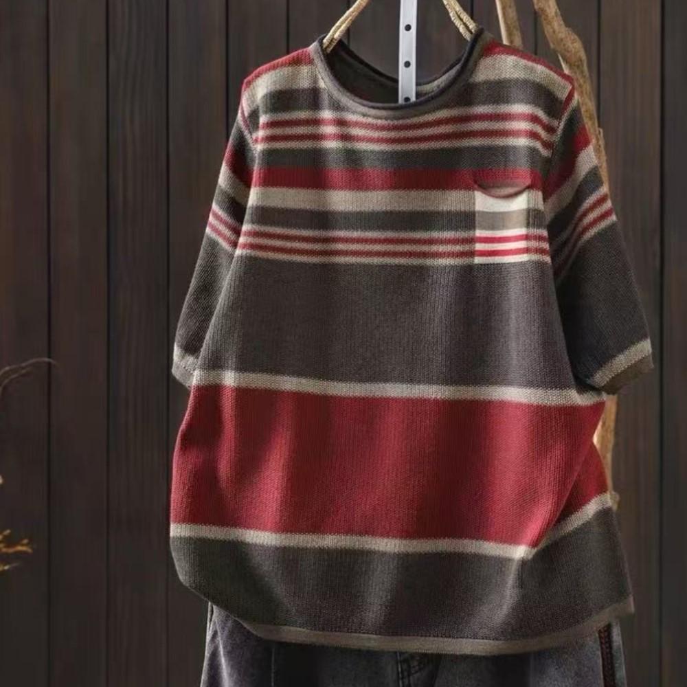 Johnature Women Vintage Striped T-Shirts Summer Chinese Style O-Neck Short Sleeve Knitted Female T-Shirts