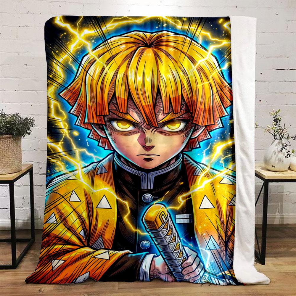 Bright yellow lightning radiates from a character with vibrant orange hair. for all seasons blanket lunch break throw gift