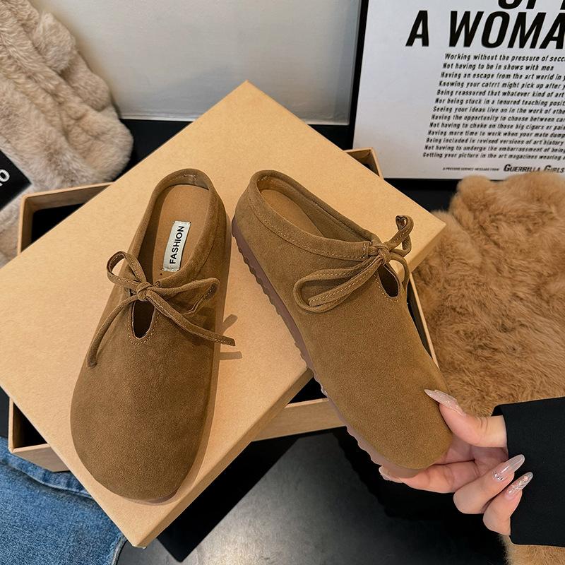 Soft Leather Thick-soled Bag Head Half Slippers Women's Outer Wear 2025 Autumn New Lace-up Pregnant Women Non-slip Ugly Boken Bento