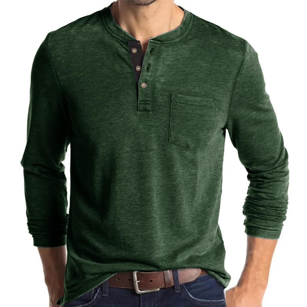 Herbst Winter Herren Langarm Rundhals Einfarbig Tasche Hemd Knöpfe Hals Pullover Oberteil Für