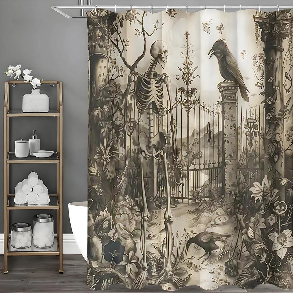 Tenda da Doccia Teschio Corvo Halloween Floreale Testurizzato Retrò Nostalgico, Tenda da Doccia Decorativa per Bagno, Tenda da Doccia Impermeabile