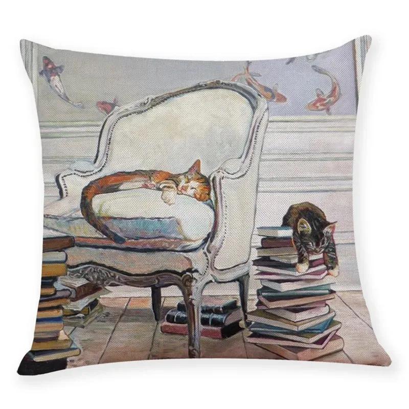 New Art Mural Kitten Print Series Pillowcase for Sofa Animal Design Retro Pillowcase Home Decor Cushion Cover 45x45 Cm