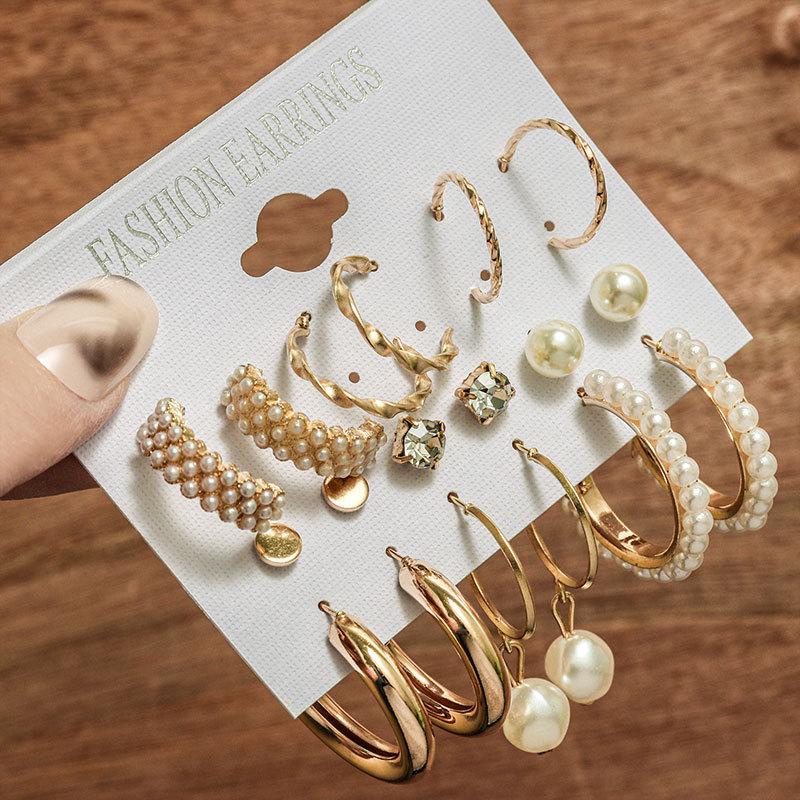 European and American Inlaid Pearl Women's Earrings Creative French Retro Gold Earrings Set 9-piece Set