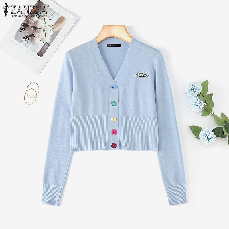 ZANZEA Spring Women V Neck Long Sleeve Buttons Cropped Casual Sweaters Cardigans