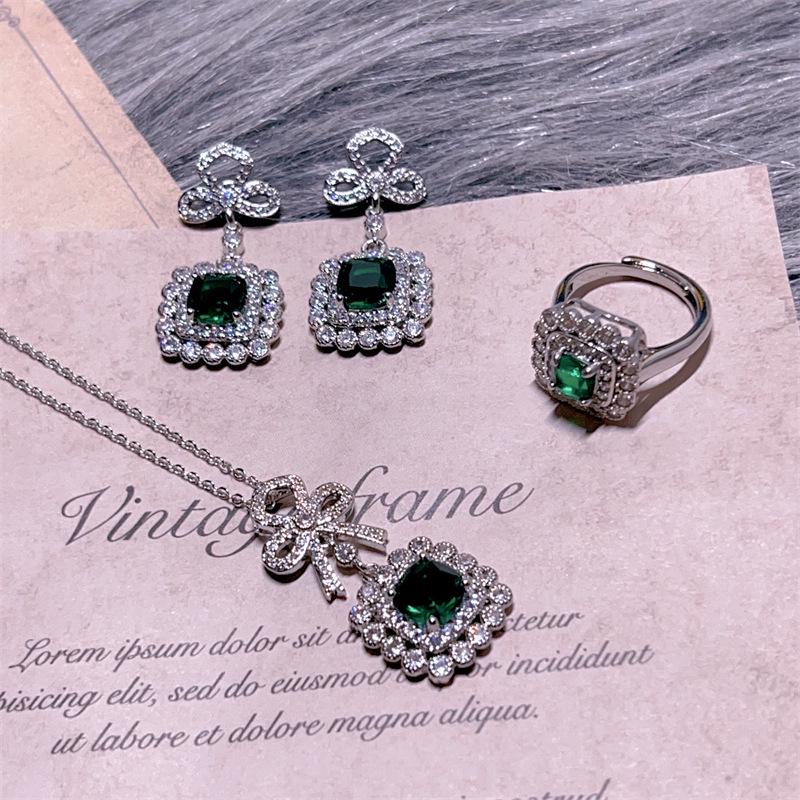 European Emerald Bow Jewelry Set: Earrings, Necklace & Ring with Full Diamond Sparkle - Elegant & Stylish