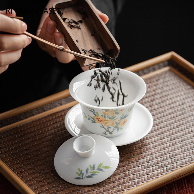 Chinese Ceramic Tea Tureen Handmade Flowers Teacup Suede Jade White Porcelain Gaiwan Travel Portable Tea Bowl Household Tea Set