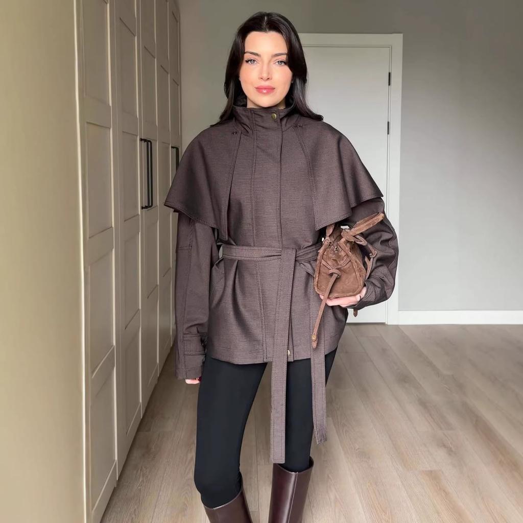 Cross-border European and American women's clothing Amazon stand-up collar British style casual trend cloak jacket temperament lace-up