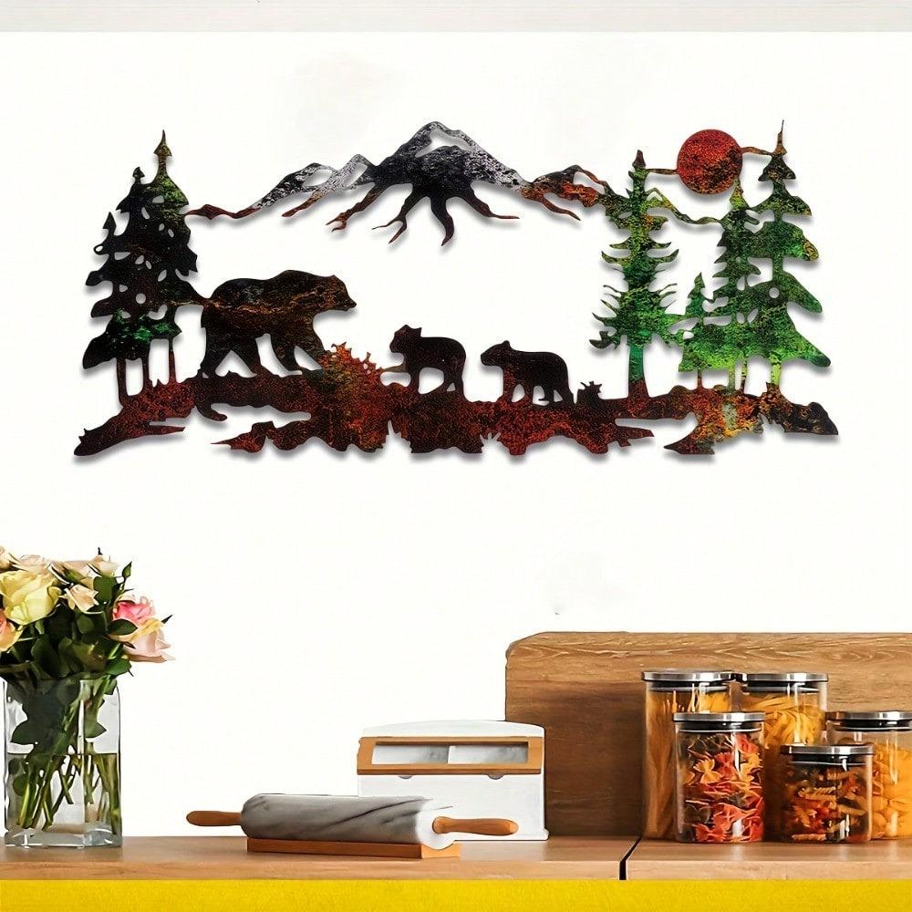 1pc Laser Cut Metal Bear Forest Wall Art, UV Print, Home Decor, Indoor Outdoor Iron Sculpture