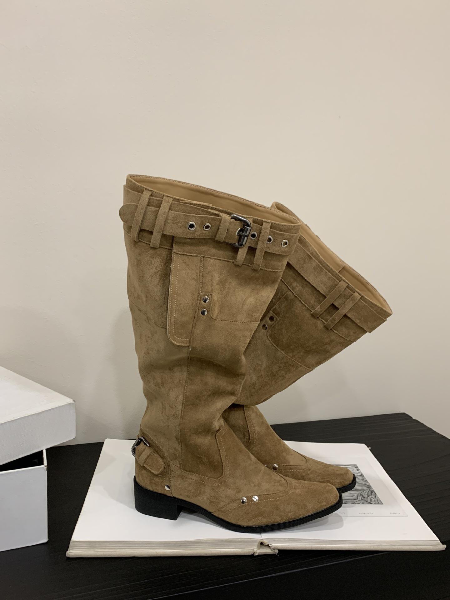 

2025 новые ботфорты с широким голенищем, облегающие ногу, женские, до колена, на толстом каблуке, с узким носком, осенне-зимние, в стиле ретро 39 темные хаки