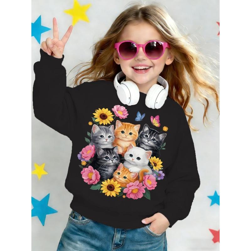 Kids Crewneck Sweatshirt, Cute Cartoon Kitten Print Casual Long Sleeve Top for Spring Autumn