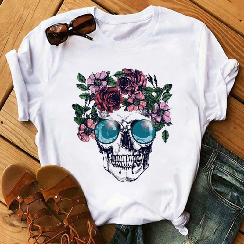 Camiseta De Arte Esttica Feminina De Flores De Caveira Roupas Punk Rock Camiseta Estampada Com Cavaleiro Roupas Fitness Vero 2020