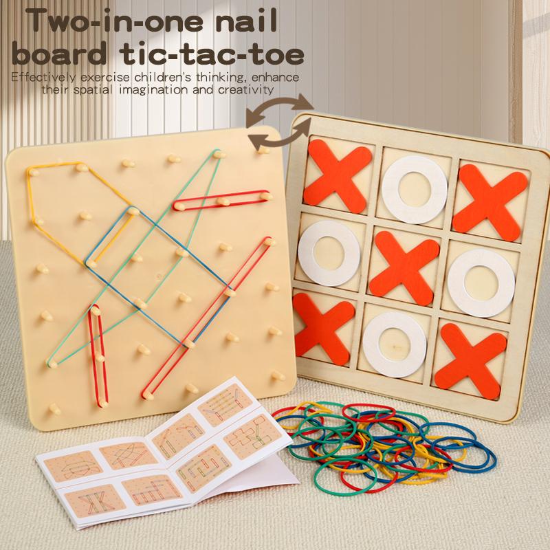 Two In One Nail Board Wooden Tic Tac Toe & Pegboard Set Enhance Spatial Thinking Strategy Skills Hand-Eye Coordination Training