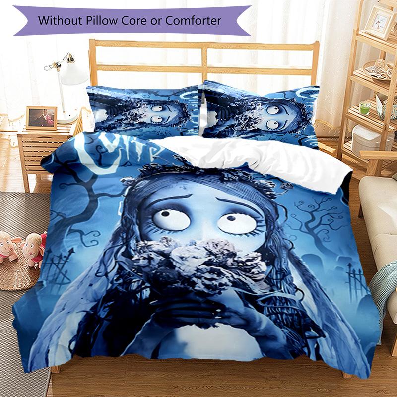 3-teiliges Trauerliebe Das Corpse Bride Muster Bettwäsche-Set Bettbezug-Set beinhaltet Bettbezug & Kissenbezüge, perfekte Ganzjahres-Schlafzimmerdekoration & Geschenk