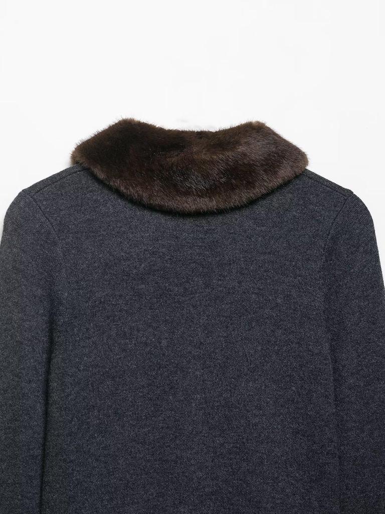 Women's Faux Fur Turn-Down Collar Knitted Cardigan - European and American Fashion