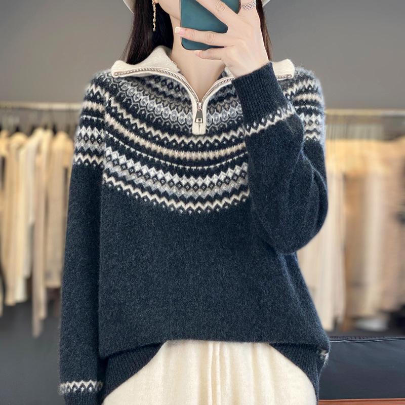 Women's Retro Fair Isle Wool Sweater - Autumn/Winter Loose Knit Outerwear