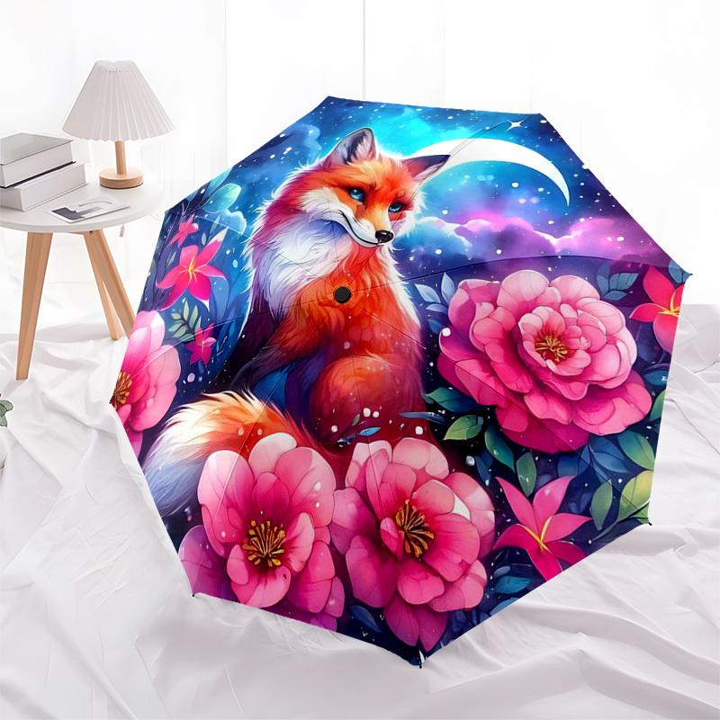 1pc Fantasy Fox & Flowers Automatic Folding Umbrella - Portable 3-Fold Design with Iron Frame, Outdoor for Fans, Travelers, Daily Use, Perfect Gift Id