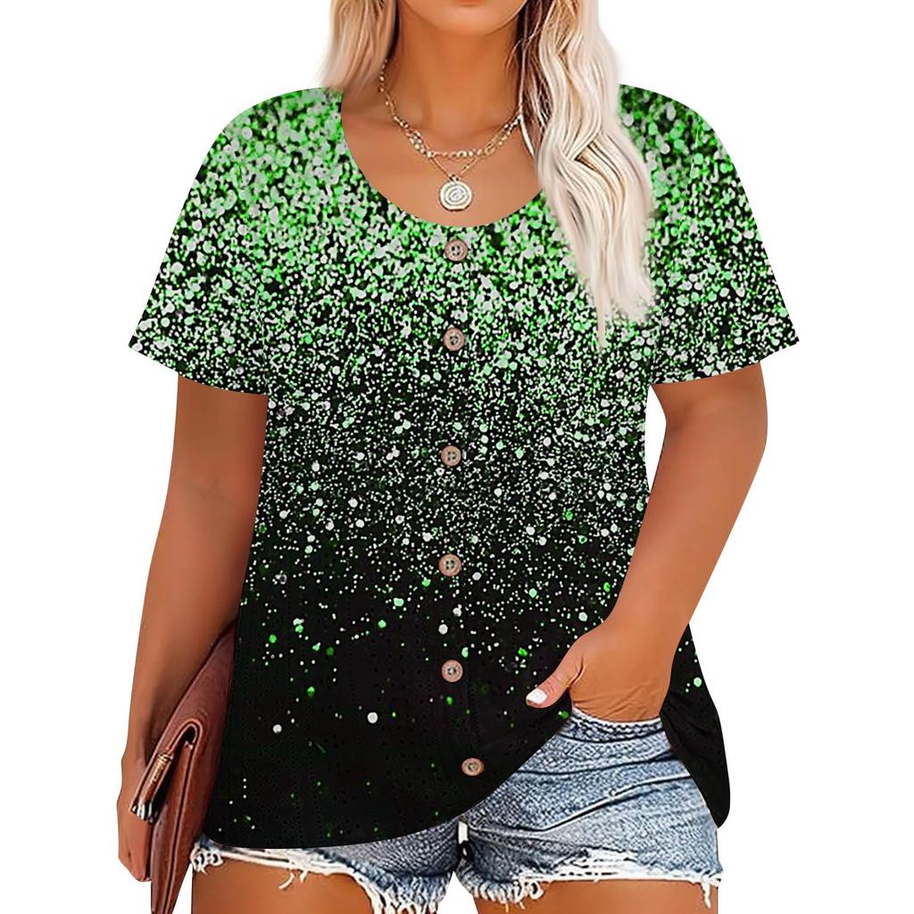 Plus Size Women's Fashion Casual Vintage Printed O-Neck Short Sleeve Button T-Shirt Top