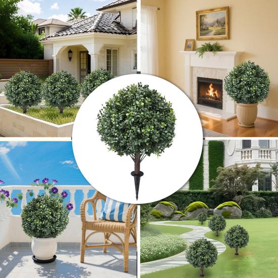 Artificial Topiary Ball Boxwood/Pine with Ground Spike Tree/Rose/Lavender Shrub 24 Inch Faux Fake Bushes Trees