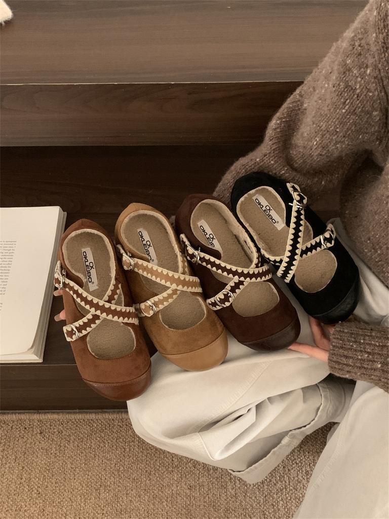 Fleece Single Shoes Female Autumn and Winter New French Temperament Fairy Ballet Gentle Evening Suede Flat Mary Jane Shoes
