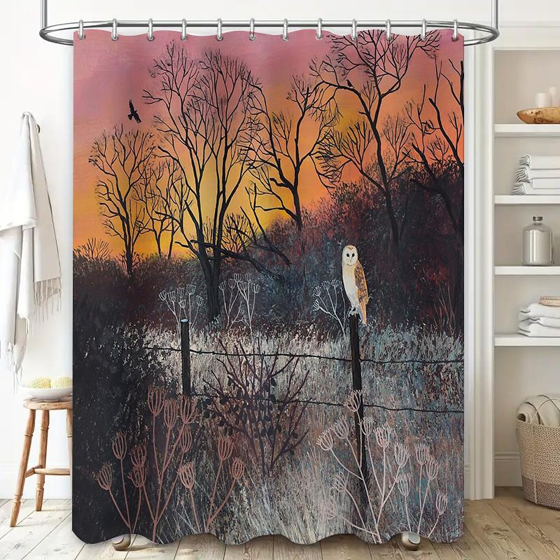 Owl Forest Shower Curtain Nature Birds Trees Wildlife Backdrop Washable Bathroom Decor Artistic Home Decor Modern Farmhouse Styl
