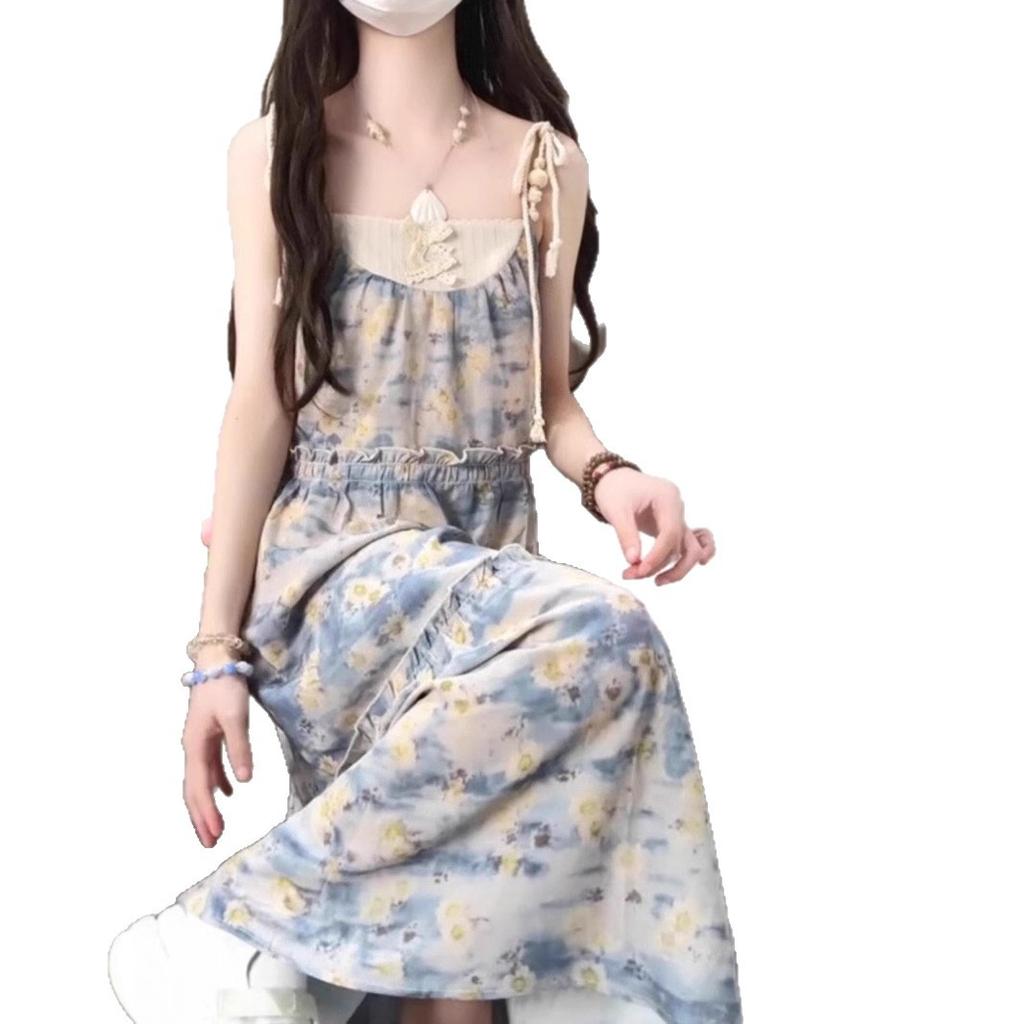 Summer new holiday wind floral suspender dress pastoral small ethnic Mori seaside beach long dress women