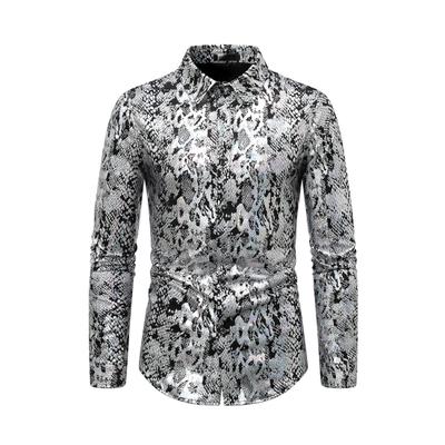 Men Club Shirt Snake Skin Printing Turn-down Collar Slim Fit Button-down Long Sleeve Party Shirt Nightclub Performance Clothes