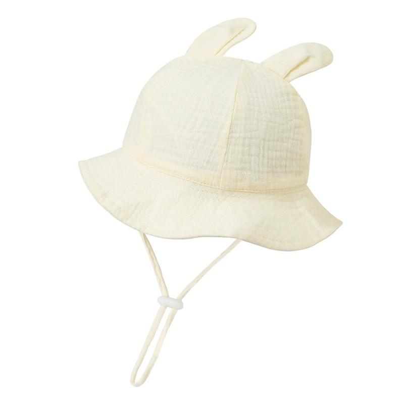 New Baby Gauze Basin Hat Baby Pleated Printed Bucket Hat Rabbit Ear Sun Hat 3-12M