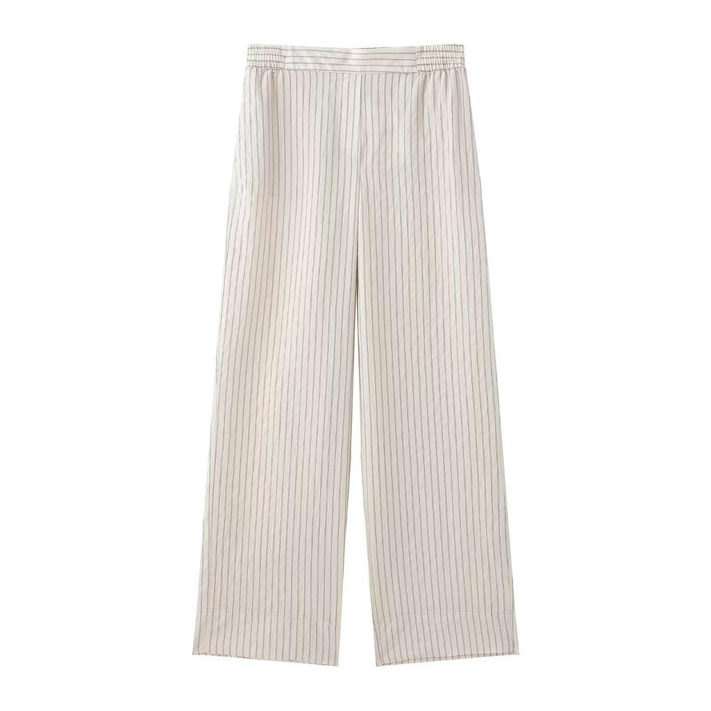 Spring 2025 Women's European & American Style Striped Short Sleeve Shirt with Casual Long Pants