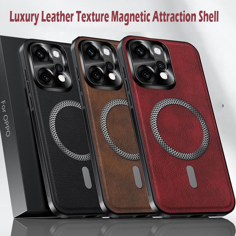 Luxury PU Leather Phone Case For Oppo Reno14 Pro Magsafe Magnetic Metal Ring Lens Protection Shockproof Cover For Oppo Reno14 F