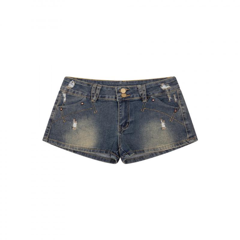 

Guan Qu 26 Summer American Retro Spicy Girl Design Washed Denim Shorts for Women Small синий